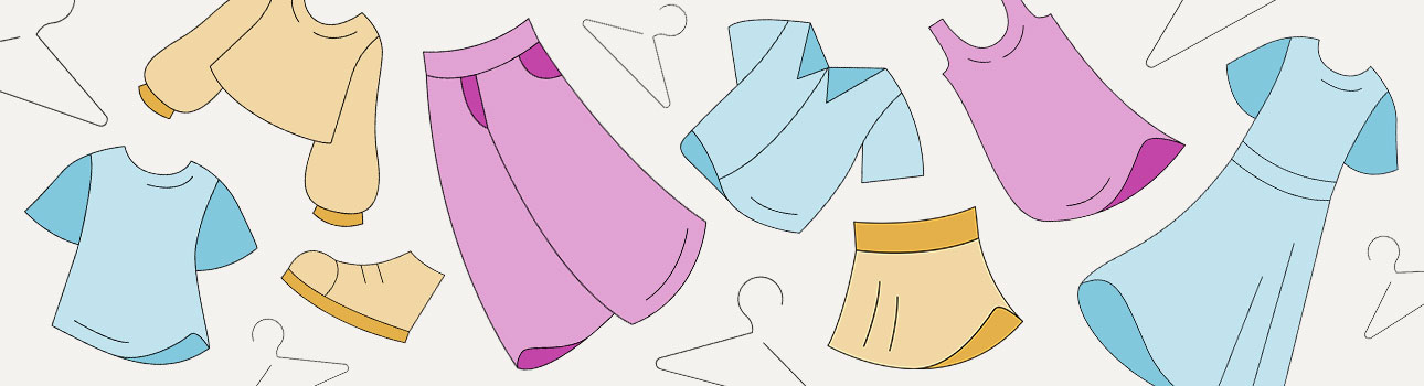 monoline illustrations of clothes in pink, blue, and yellow